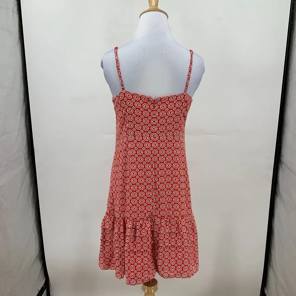 J Crew Ruffle Hem Dress Womens 0 Red Printed Spaghetti Drop Waist Knee Length